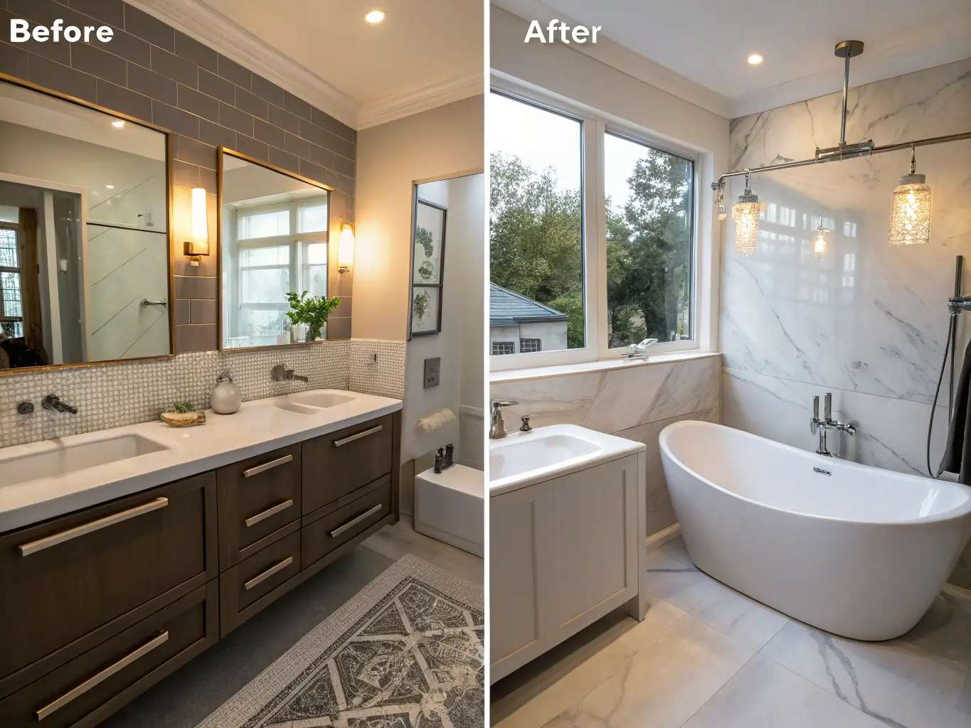 A before-and-after image of a bathroom renovation, showing the transformation from an outdated space to a modern, stylish bathroom by Strom Construction & Remodeling.