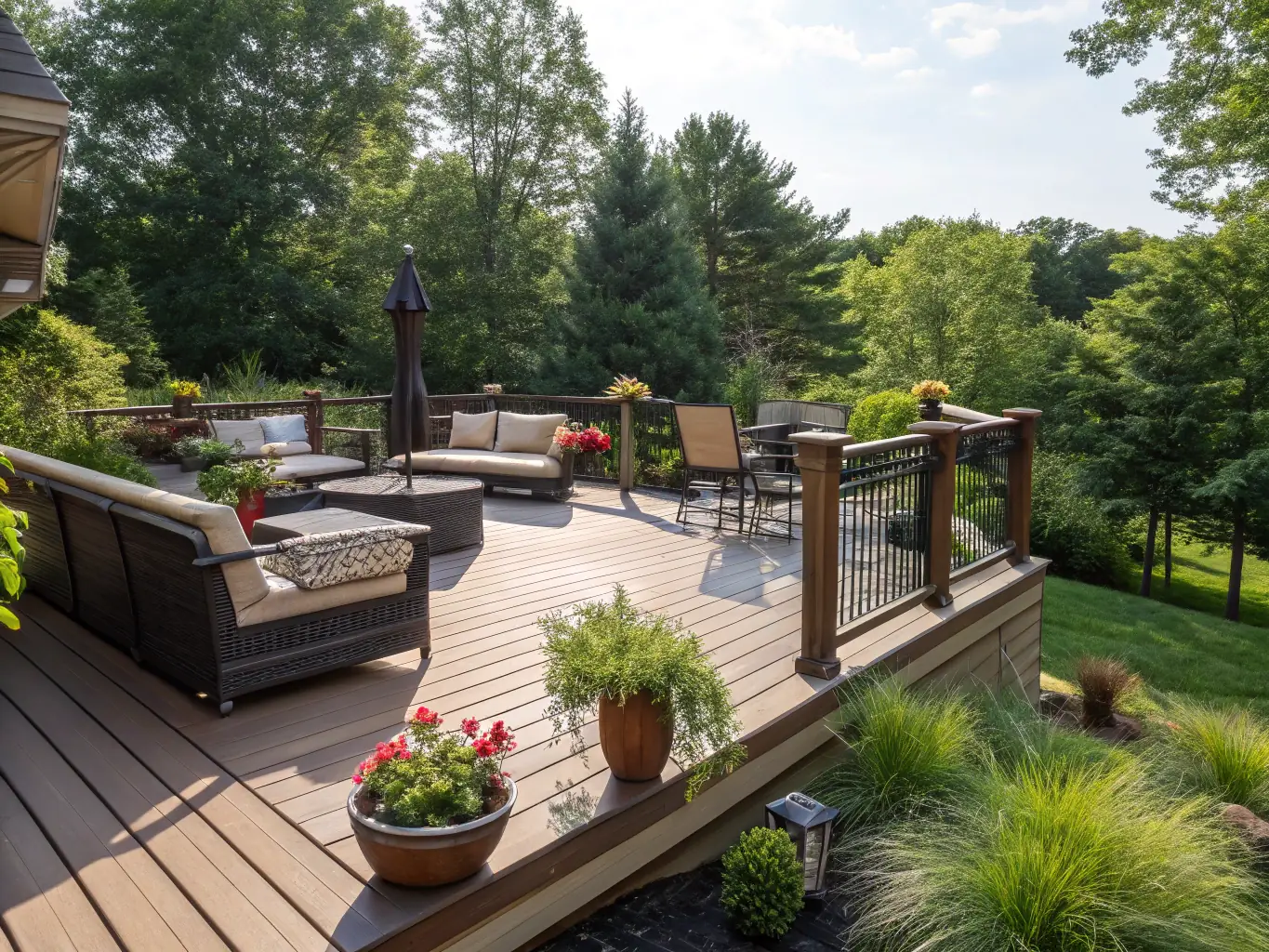 A newly constructed wooden deck with built-in seating and a pergola, showcasing Strom Construction & Remodeling's capabilities in exterior construction.