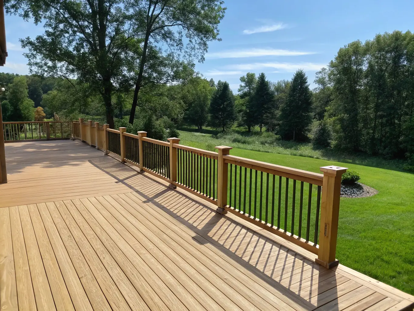 A newly constructed wooden deck attached to a house, showcasing outdoor living space and quality craftsmanship by Strom Construction & Remodeling.