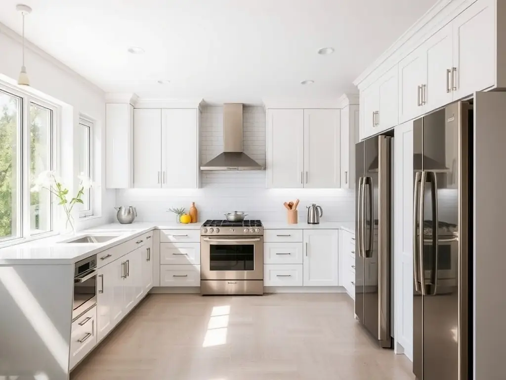 A bright, modern kitchen featuring new cabinetry, countertops, and stainless steel appliances, representing a complete home renovation project by Strom Construction & Remodeling.