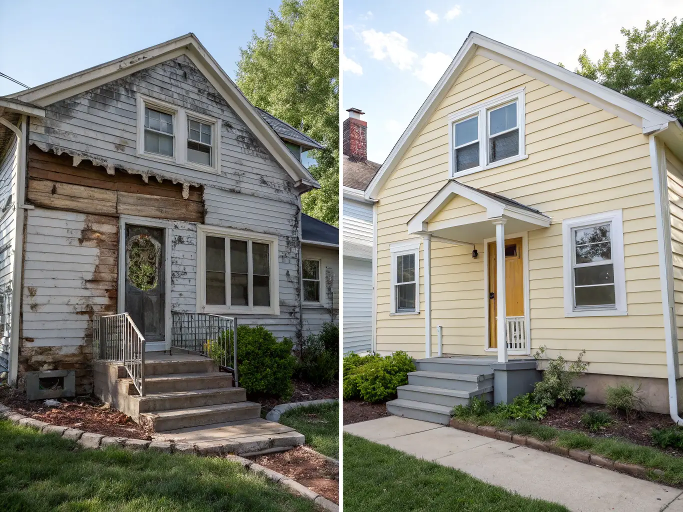 A before-and-after shot of a home's exterior, showing the transformation achieved through new siding and roofing installed by Strom Construction & Remodeling.